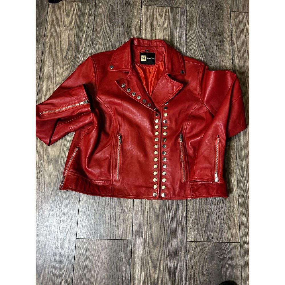 Punk Women's Genuine Leather Moto Jacket RED 3XL Fits Like XL
